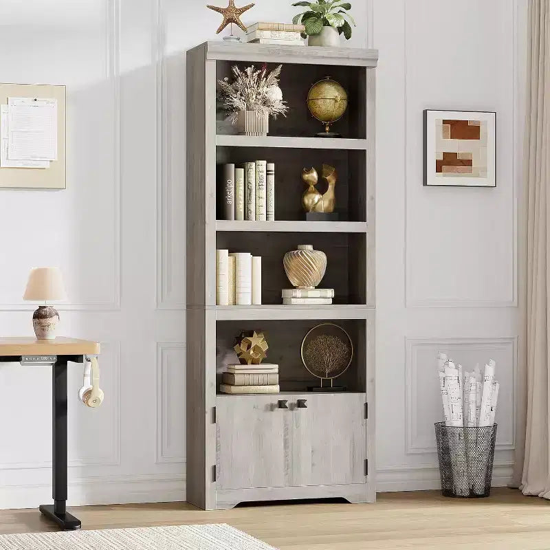 5 Tier Bookshelf, 69'' Tall Farmhouse Bookcase with 2 Doors & Adjustable Shelves - 31.5 W Open Display Storage Rack for Study, Living Room, Black