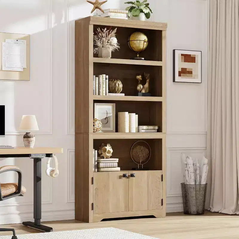 5 Tier Bookshelf, 69'' Tall Farmhouse Bookcase with 2 Doors & Adjustable Shelves - 31.5 W Open Display Storage Rack for Study, Living Room, Black
